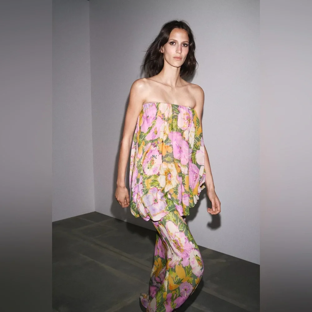 Zara Floral Strapless Maxi Dress Wedding summer evening bodycon - Picture 15 of 16